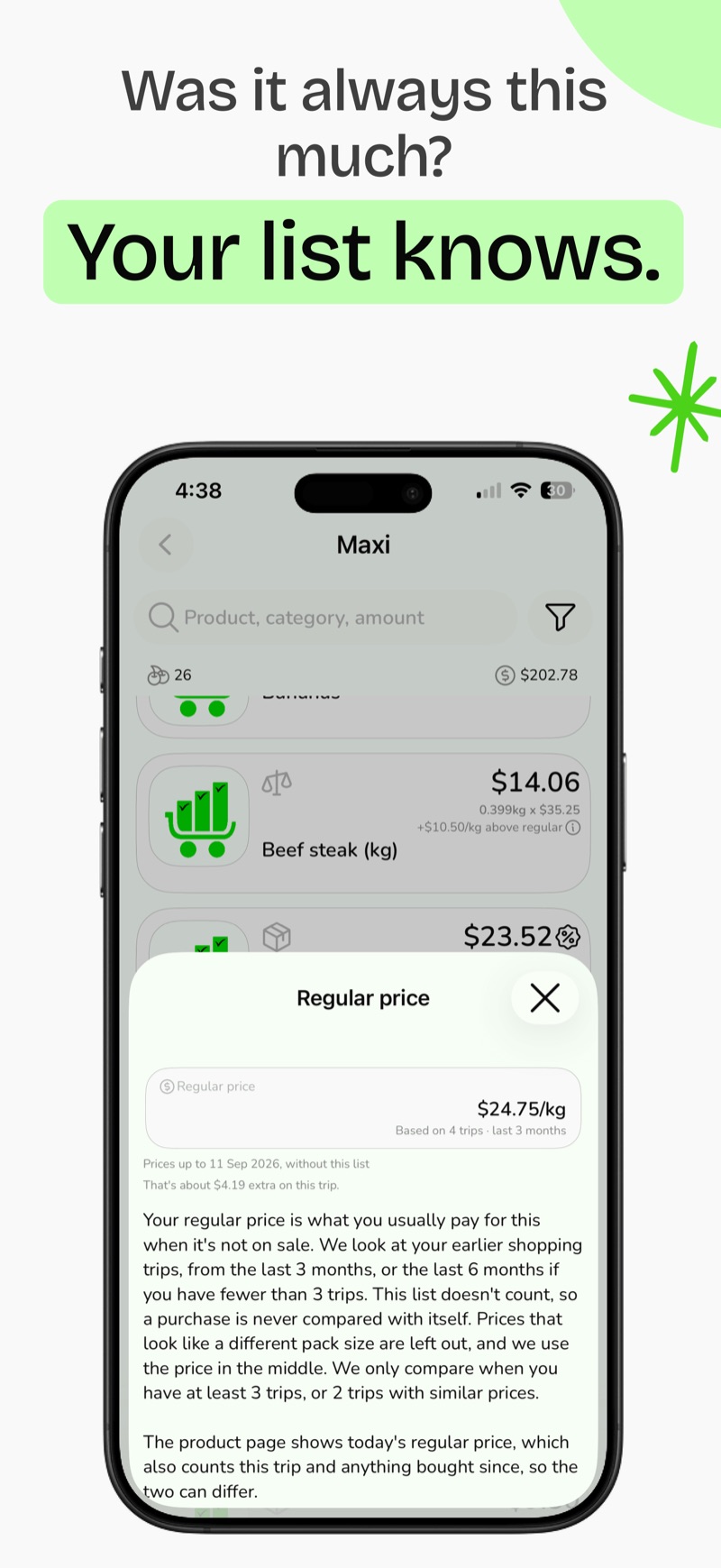 A Regular price sheet in Listics: $24.75/kg based on 4 trips in the last 3 months, with a plain-language explanation of how it is calculated.