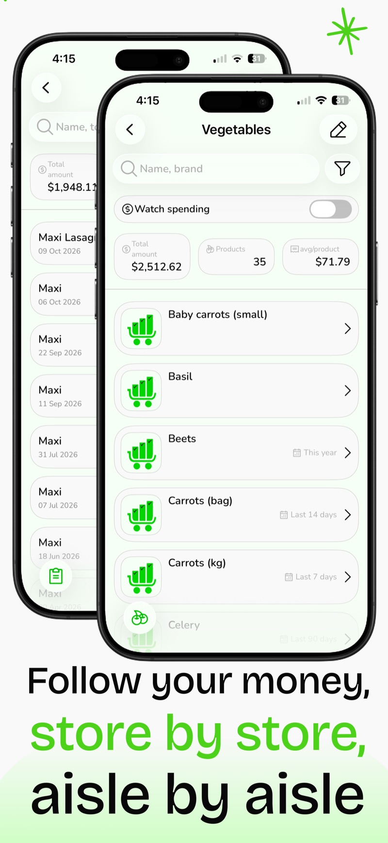 Two Listics screens: a store with its past trips, and a Vegetables category listing products with total spent and average per product.